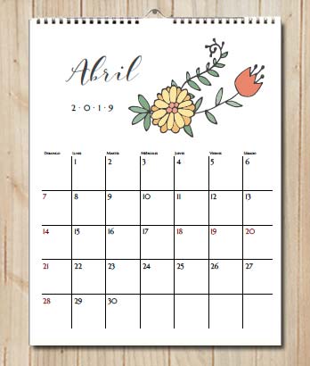 Calendario 2019 para imprimir. Primavera